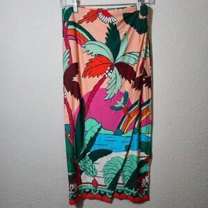 Farm Rio Anthropologie Tropical Palm Beach Print Pull On Wrap Midi Skirt S